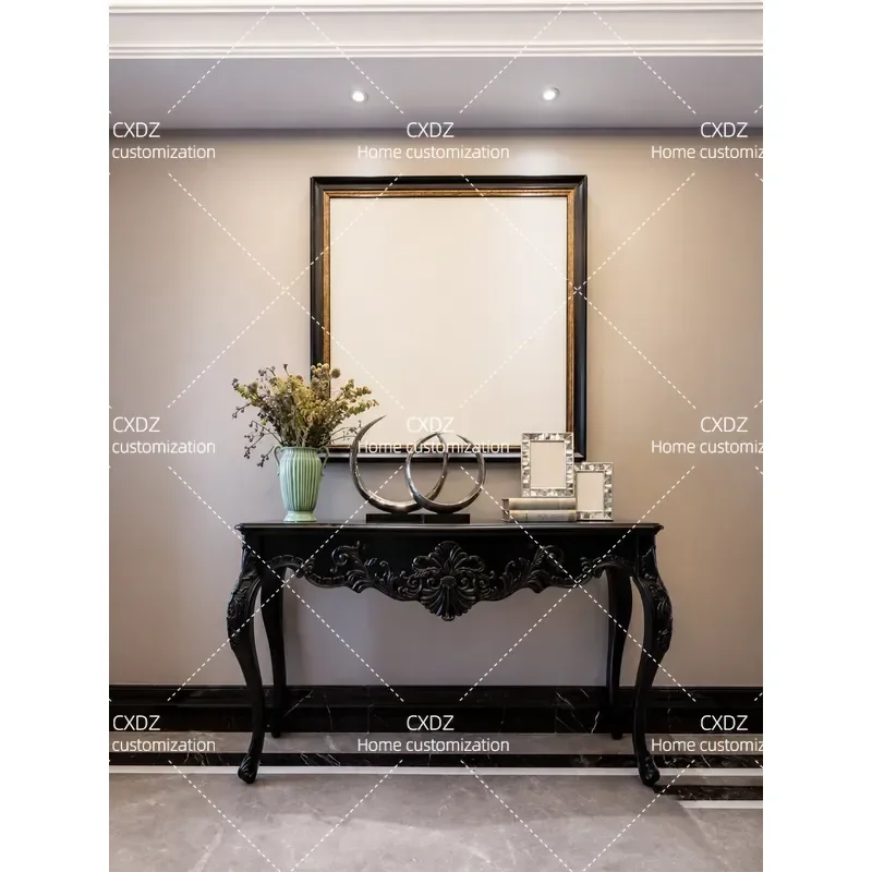 Classical Retro Country Style Full Solid Wood Carved Flower Entryway Furniture Porch Sofa Side Table Black