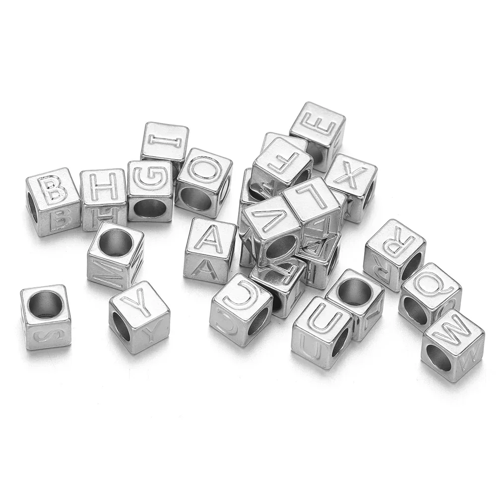 10pcs Stainless Steel Square 26 Letters Beads 5mm Hole Spacer Beads for DIY Cord Bracelet Necklace Accessories Jewelry Making