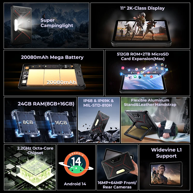 HOTWAV R9 Plus Rugged Tablet 20080mAh Mega Battery 11'' 2K Display Pad Android 14 8GB 512GB Tablet PC With Stand & Handstrap