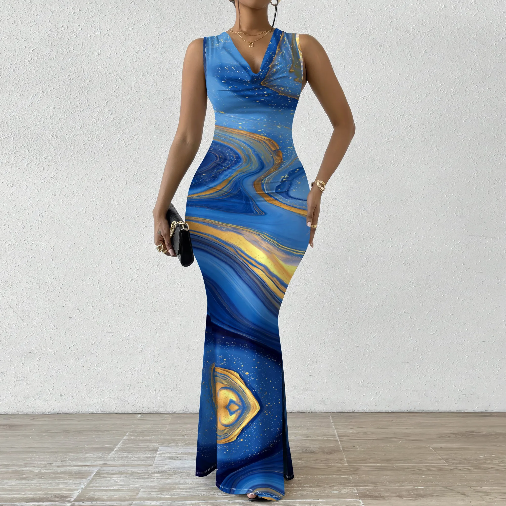 

Blue Marble Ink Print Maxi Dress XS‑2XL Sleeveless Bodycon Style with V‑Neck for Evening Party, Elegant Dinner or Art Show Look