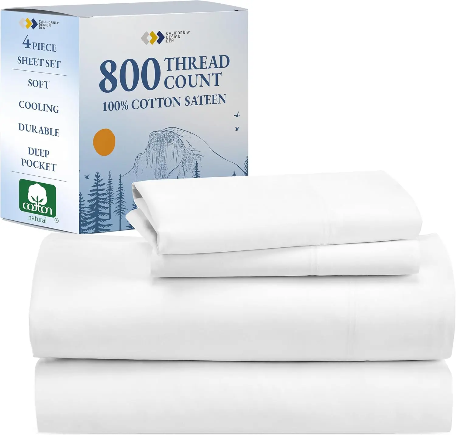 Luxury 800 Thread Count 100% Cotton Sheets for Queen Size Bed, 4-Pc Bedding with Deep Pocket Fitted Sheet, Cooling