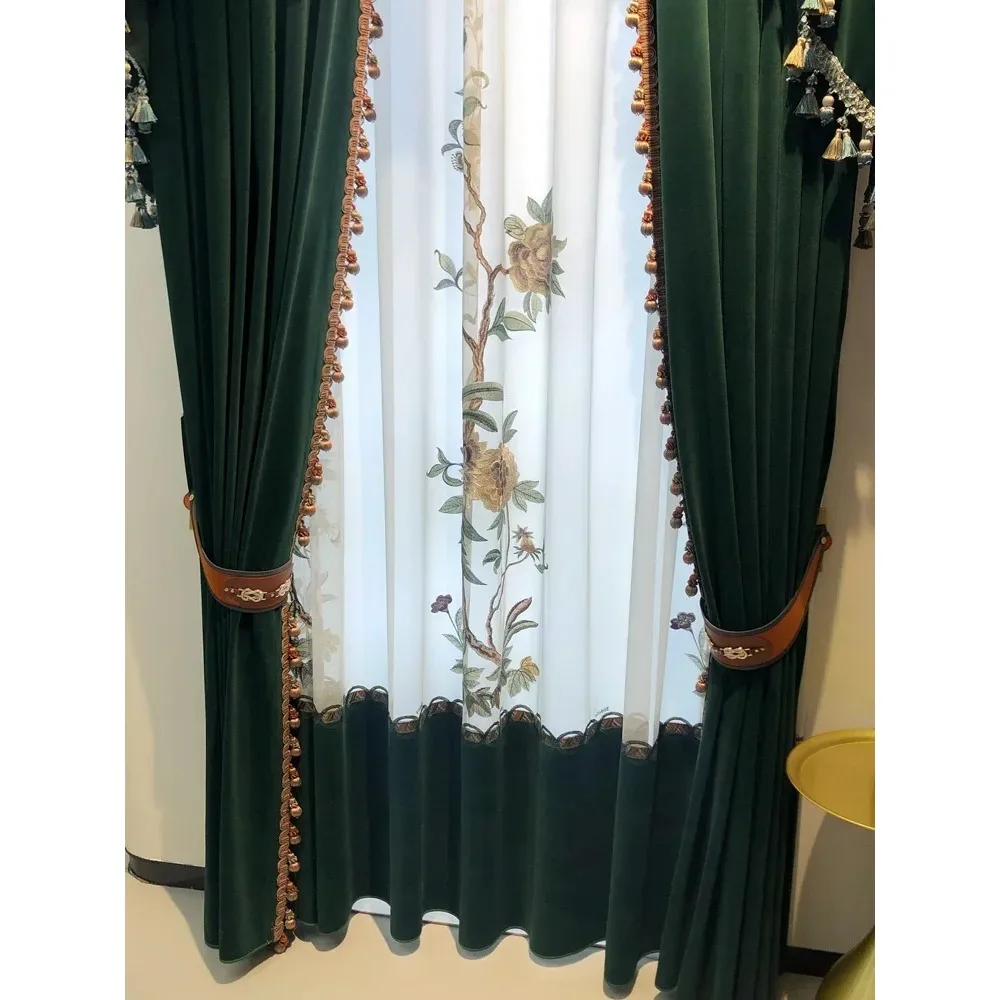 Chinese Style Dark Green Embroidered Window Screen Embroidered Patched Curtains For Living Room Bedroom French Window Customized