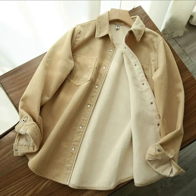 Thiened Corduroy Fce Women's irt Long Sve Casual Outerwear Top Warm Commute Sle Korean Loose Fit  Collar