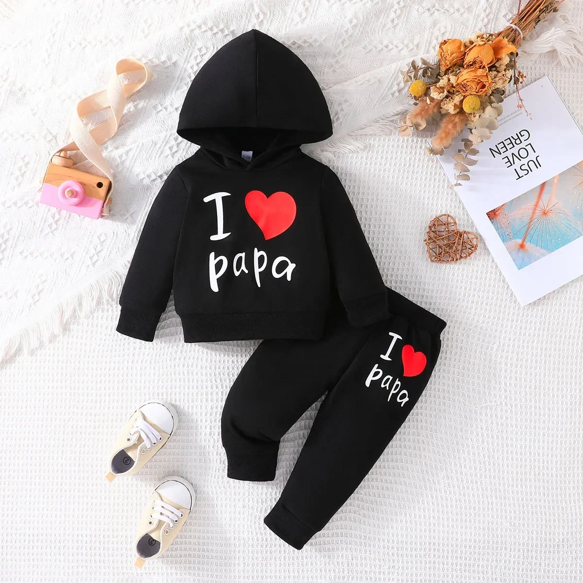 The new baby love letter print hooded sweatshirt pullover + trouser set foreign trade spot delivery