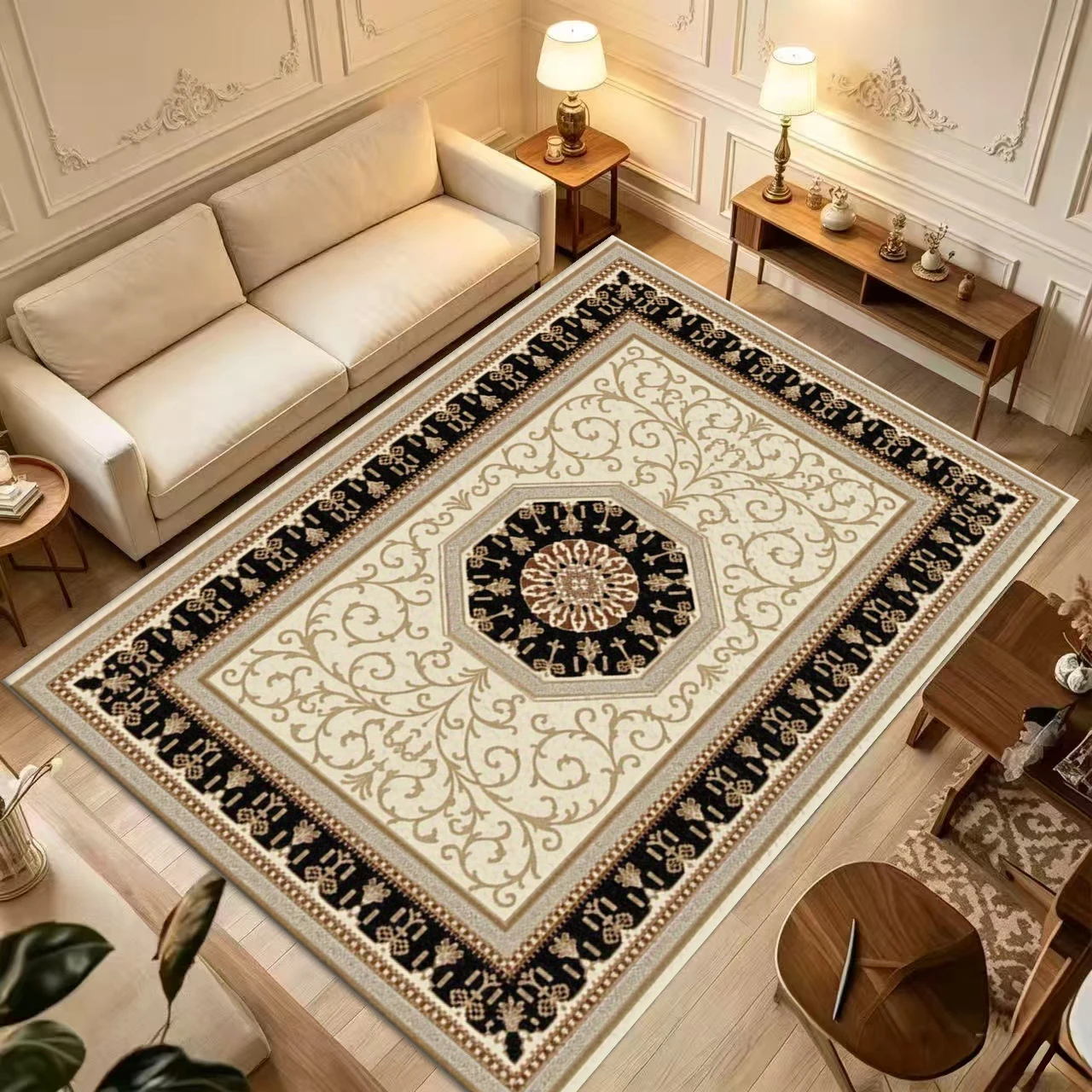 Cream Black European Classical Square Area Rug Non-Slip Ornate Floor Mat for Living Room Hall Home Decoration