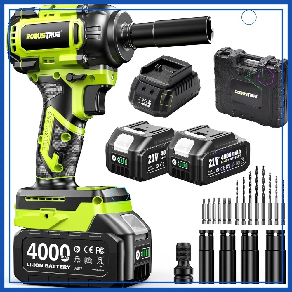 

Cordless Impact Wrench 1/2 Inch, 800N.m Brushless Motor, 2800RPM High Torque, 2 Batteries & Charger Included