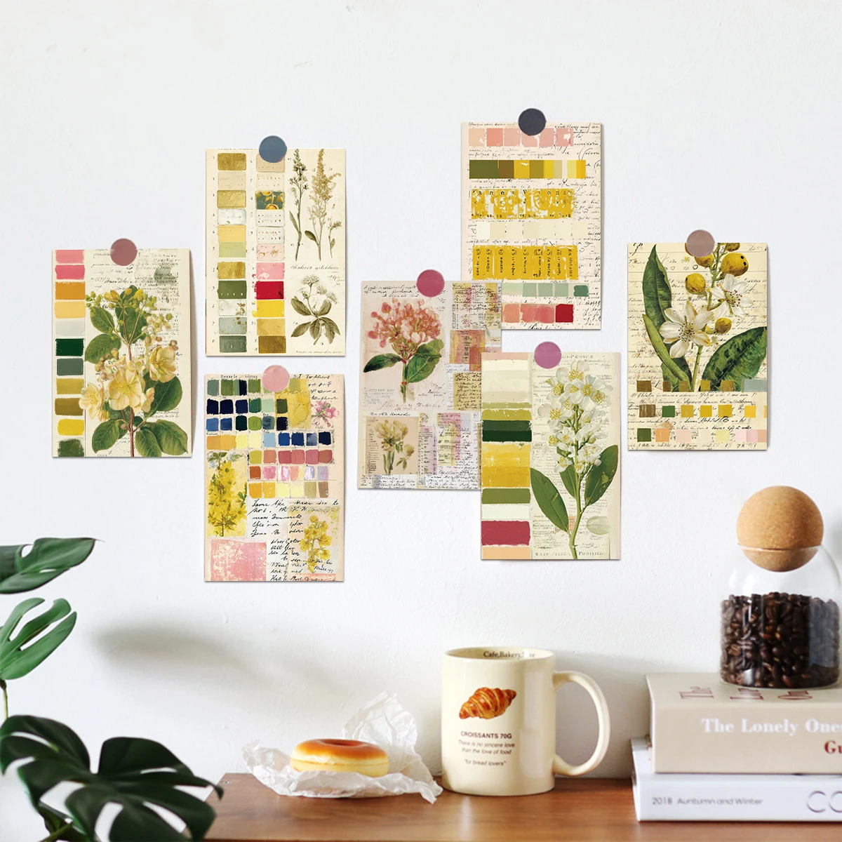 20pcs Vintage Botanical Palette Collage Kit Postcards,Bedroom,Dorm,Office Wall Aesthetic Decoration,Scrapbooking Journaling Card