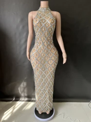 Vestido de lentejuelas de diamantes de imitación brillantes para mujer, vestido de noche para baile de graduación, vestido transparente para cantante de actuación, vestido de anfitrión para Club, 7G