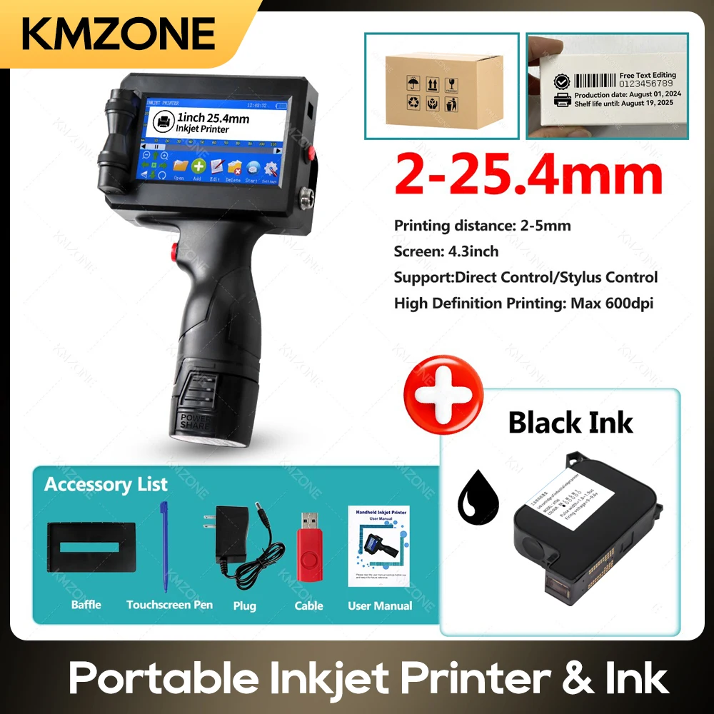 Impresora de inyección de tinta portátil de 25,4mm, cartucho negro de secado rápido, fecha por lotes, número, logotipo, hora, fecha, codificación, máquina portátil multilingüe