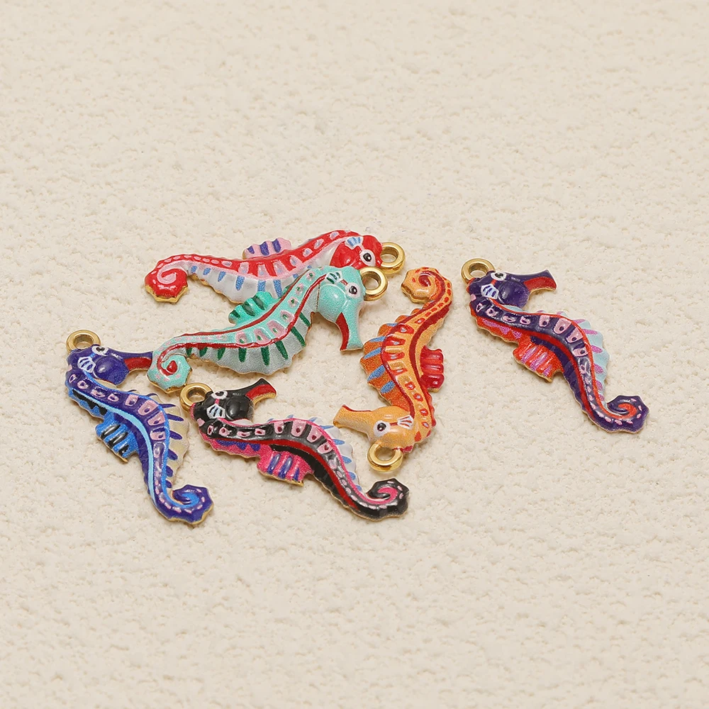 4 Stück goldene Edelstahl-Emaille-Seepferdchen-Anhänger für Kinderarmbänder, Ohrringe, Zubehör, DIY-Halsketten-Charms, Schmuckherstellung – Detail 1