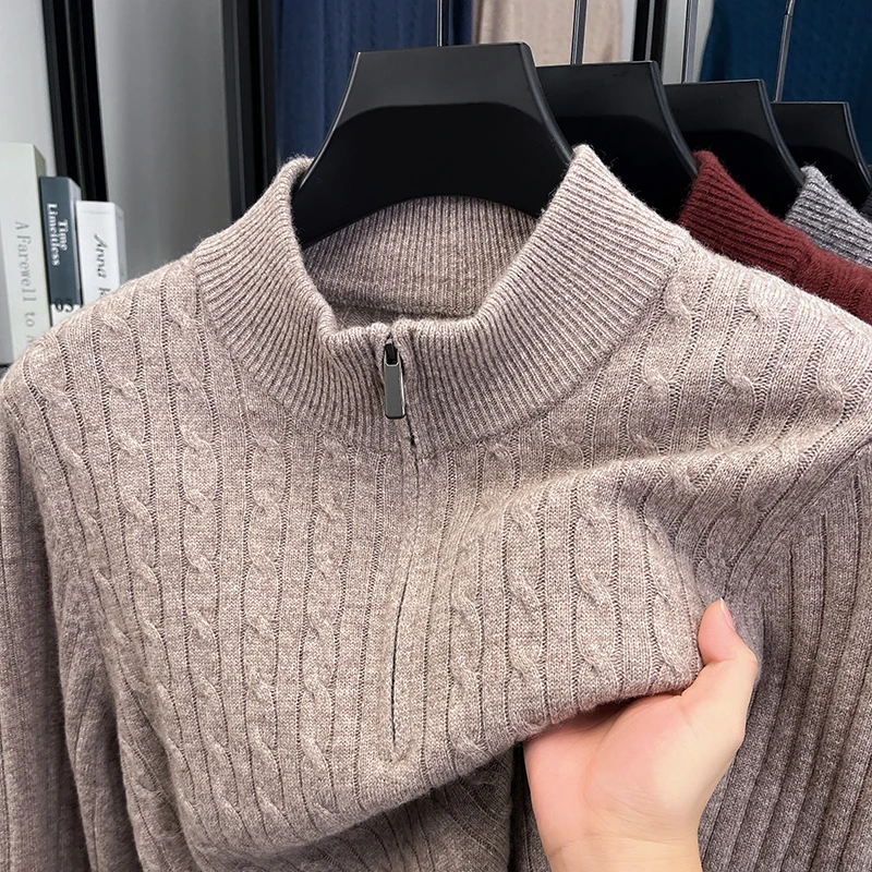 

Men 100% Sheep Wool Clothes 2025 Autumn Winter Trendy Fashion Twisted Long Sleeve Sweater Pure Wool Warm Zipper Knitwear