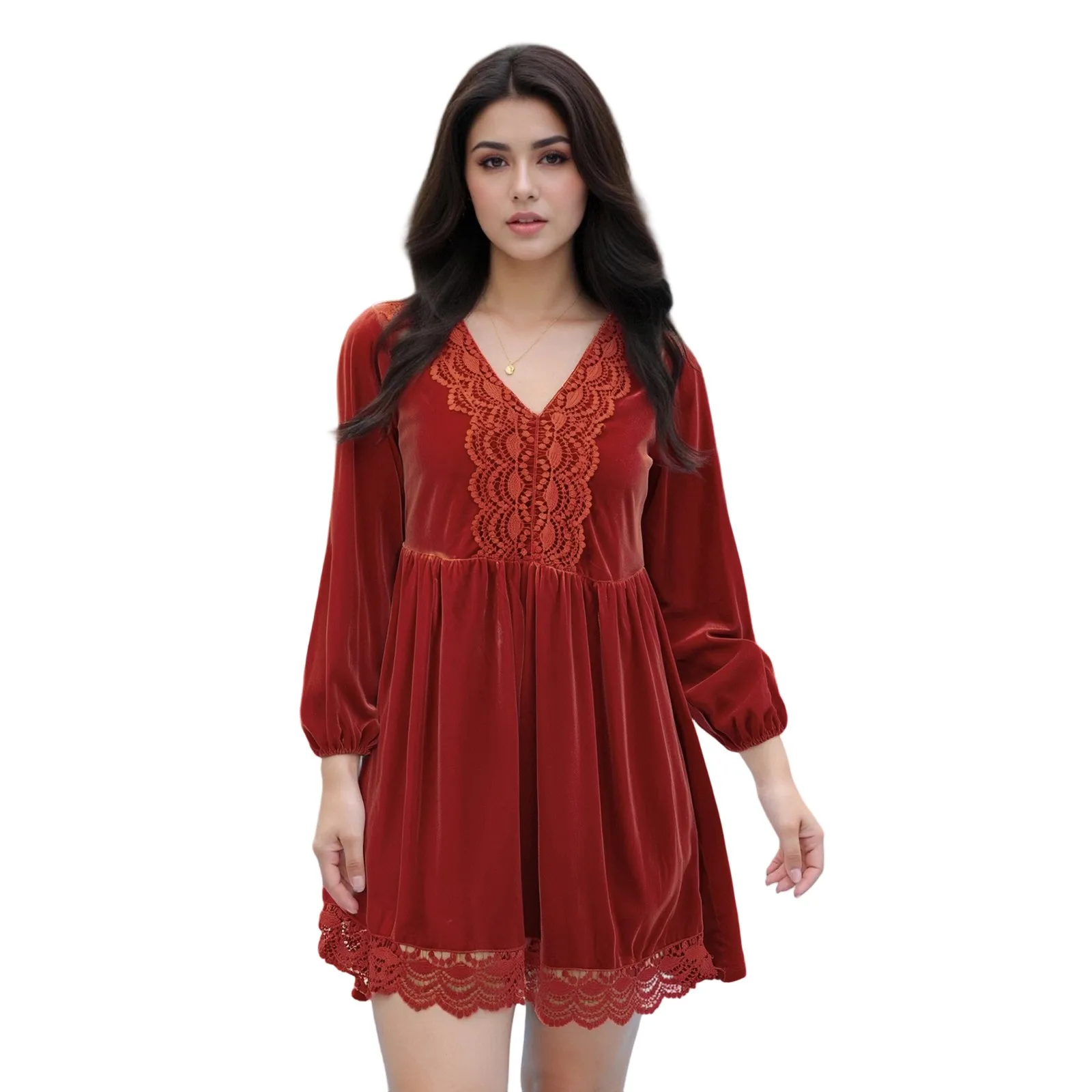 

Женское мини-платье больших размеров с длинным рукавом и V-образным вырезом, кружевное лоскутное бархатное платье, короткое струящееся платье