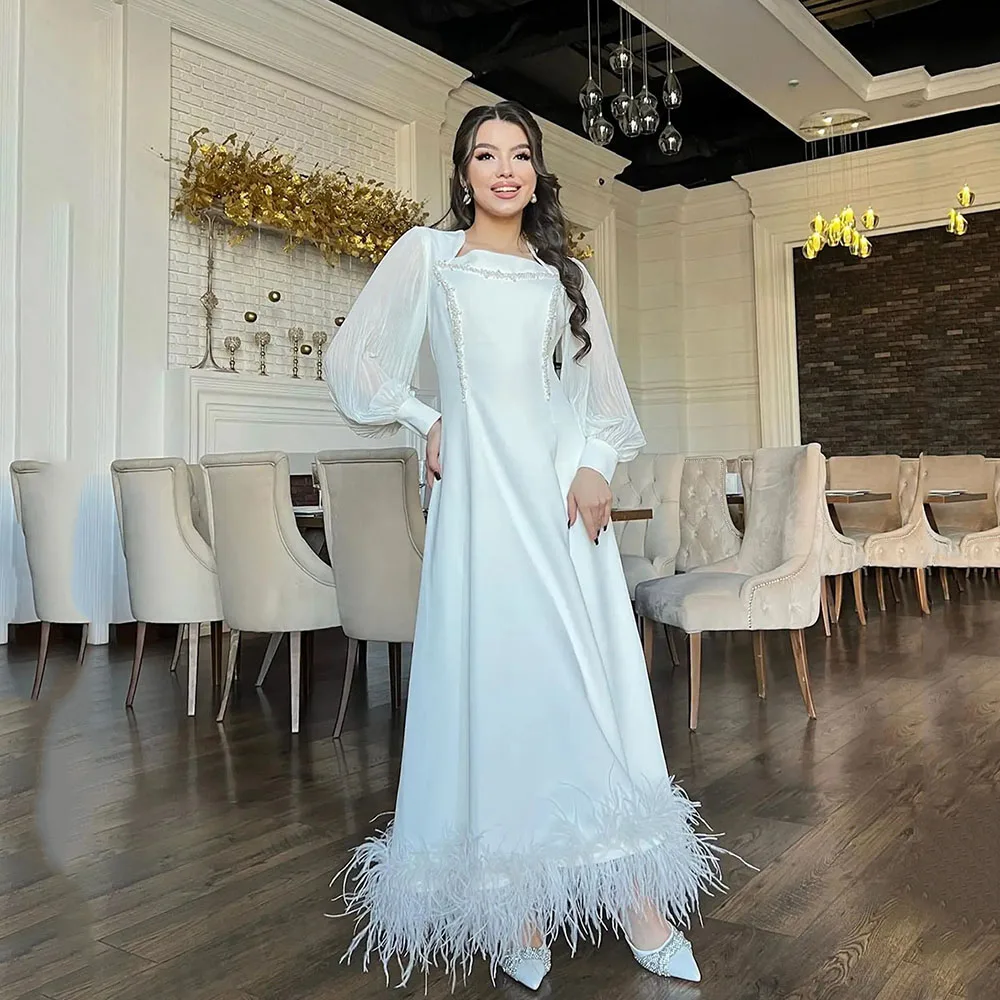 Elegante Avondjurken Arabische Kaftan Lange Mouwen Veren Feestjurk Gewaden De Soirée Saudi Speciale Gelegenheid Jurken