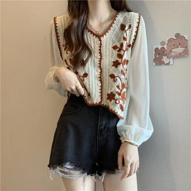 Summer Knitted Cardigan Women\'s Lace Shirt Long Sleeve Short V-neck Chiffon Top Vintage Clothes for Women Tops Shirts Blouses