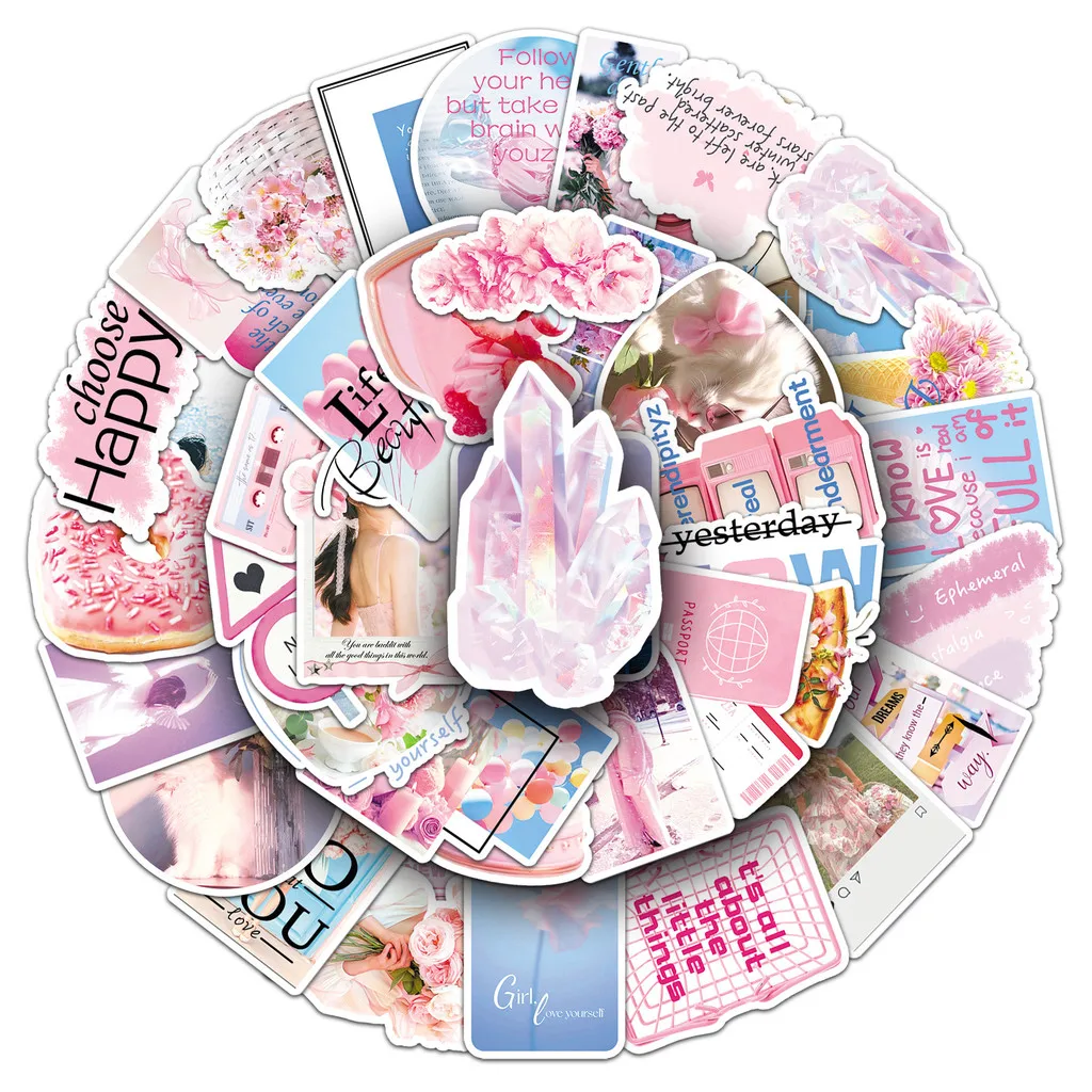 สติกเกอร์สไตล์ INS สีชมพู 50 ชิ้น - สติกเกอร์สร้างสรรค์เหมือนจริงสำหรับตกแต่งกีตาร์ คอมพิวเตอร์ และลำโพง ร้าน RecordingYourLife