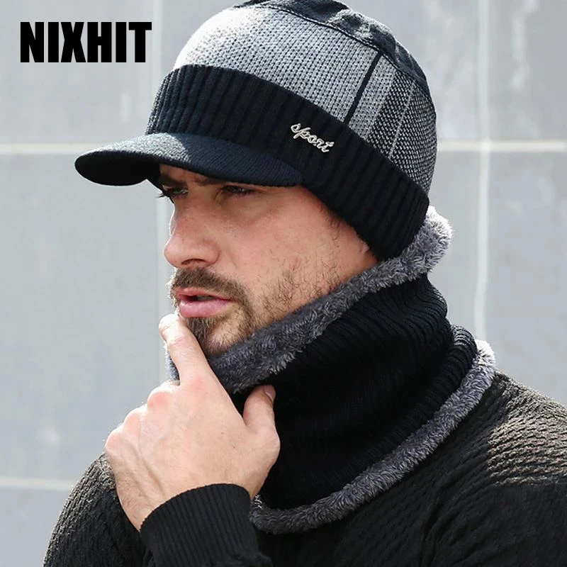 NIXHIT Visor Beanies Men Winter Hat Knitted Hats For Men Cap Winter Beanie Hat Thick Warm Fur Riding Men's Cap Scarf Casual Z247