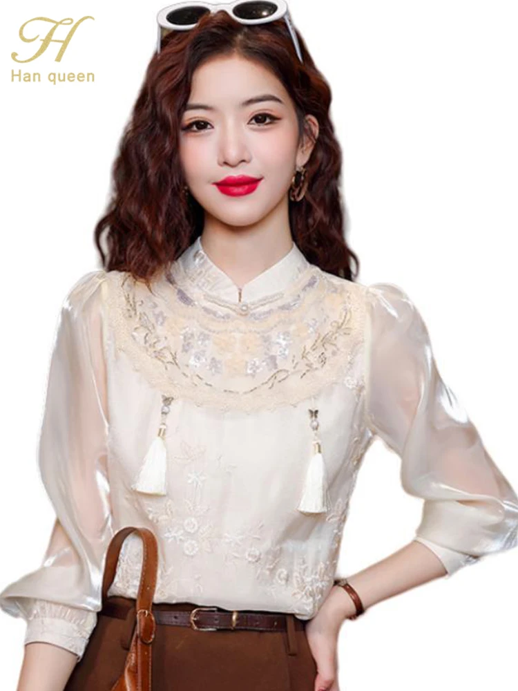 H Han Queen New Fashion Embroidered Beading Vintage Office Blouse Chiffon Shirt Simple Long Sleeve Top Casual Loose Women Blouse