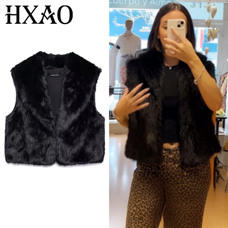 

HXAO укороченный плюшевый жилет, женский жилет, осень 2024, черное пальто из искусственного меха, женский волосатый жилет без рукавов, женский элегантный пушистый теплый жилет