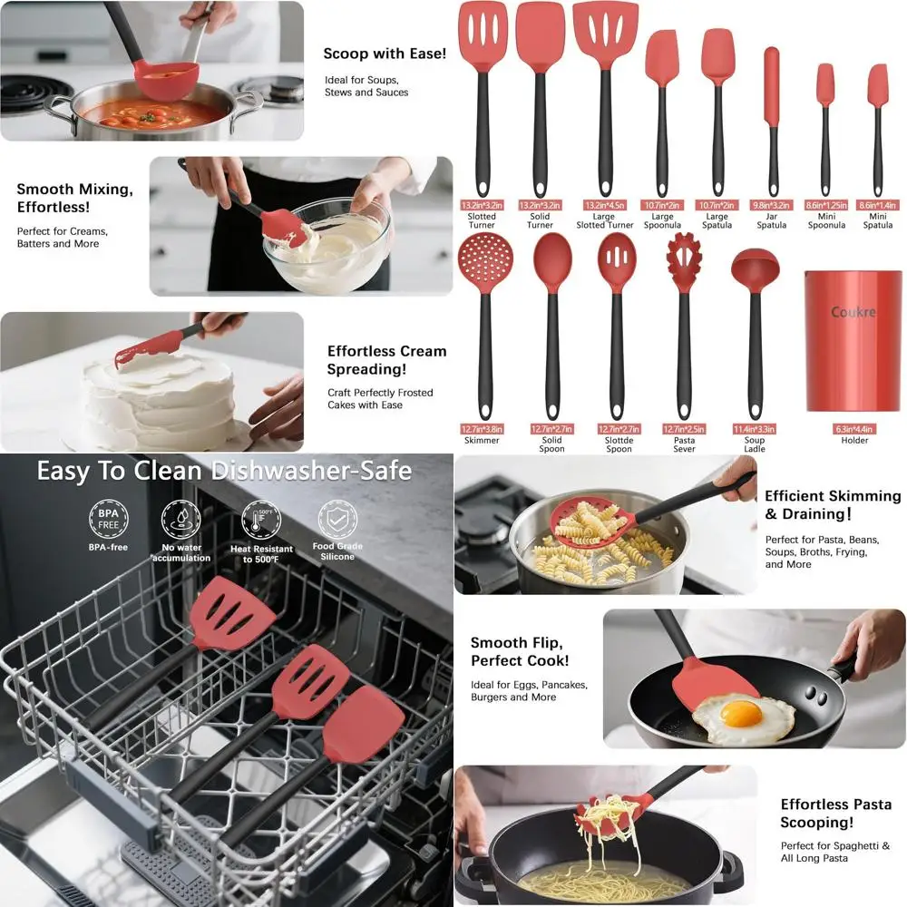 

Heat-Resistant Silicone Cooking Utensil Set with Holder, 14-Piece Red, Food-Grade Tools for Non-Stick Pans, Dishwasher Safe