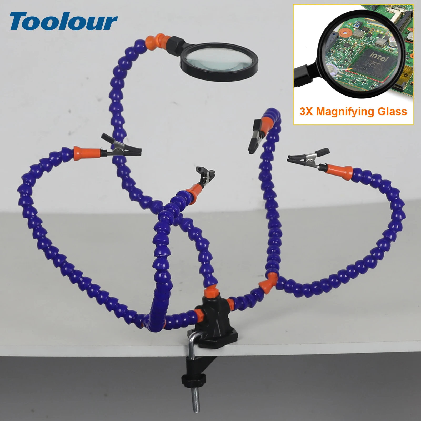 

Toolour Soldering Third Hand Tools 5 Arms with Adjustable Vise Desk Clamp Base 3X Magnifier for Electronics Repair DIY Arts