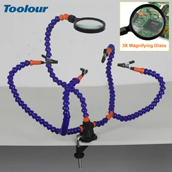 Toolour Soldering Third Hand Tools 5 Arms with Adjustable Vise Desk Clamp Base 3X Magnifier for Electronics Repair DIY Arts