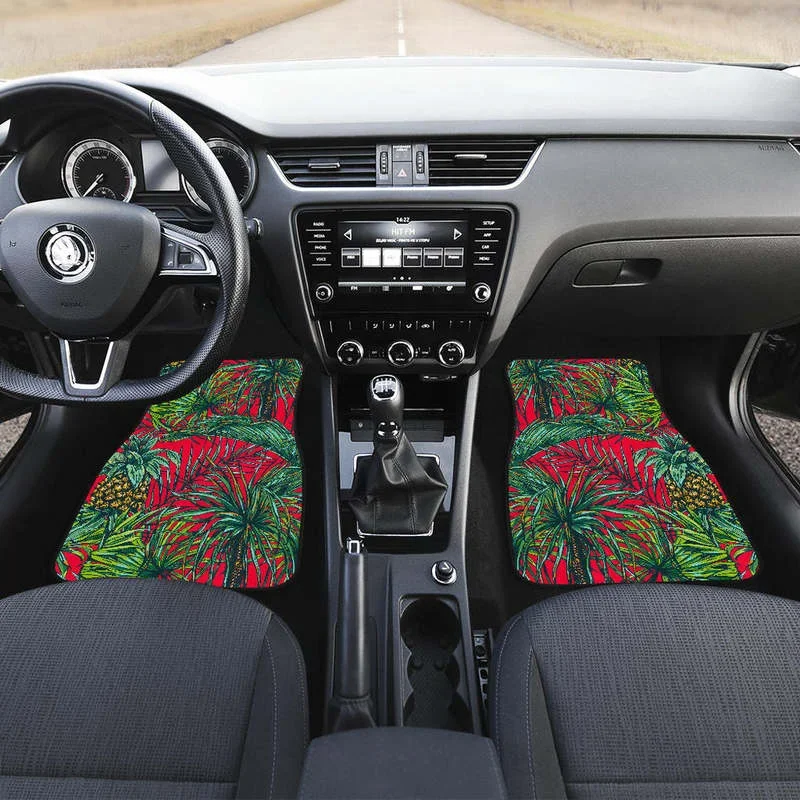 Pineapple Leaves Hawaii Pattern Print Front and Back Car Floor Mats Heavy Carpet Front and Rear Full Set 4PCs Pack