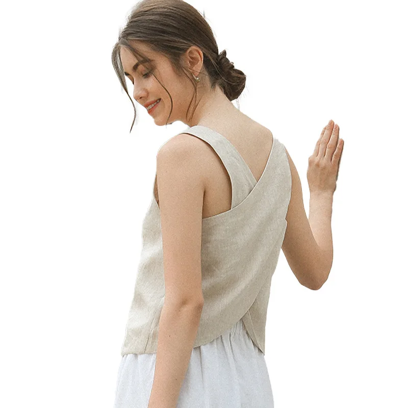 100% Linen Top Women Casual Solid Back Cross Patchwork Tank Top Summer Tops Haut Femme Women\'S Clothing Offer Free Shipping