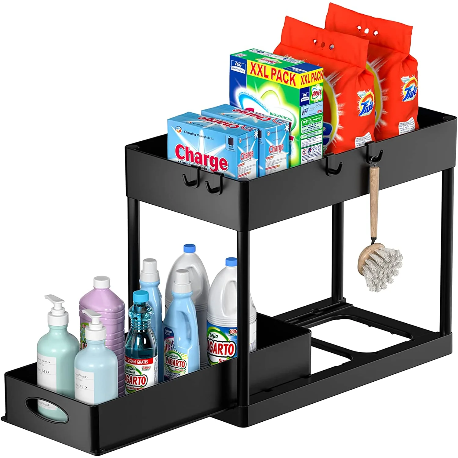 

Under Sink Sliding Cabinet Organizer 2 Tier Bathroom Shampoo Cosmetics Storager White and Black for Kitchen