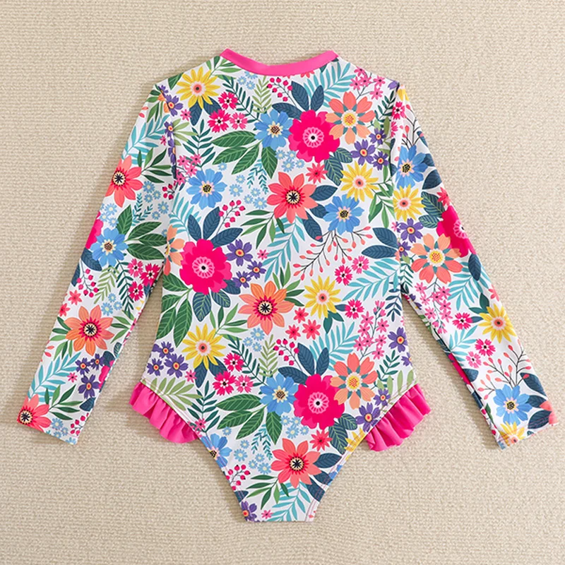 Childrens Swimsuit 2025 New Long Sleeve Printed Seaside Resort Girls Swimsuit