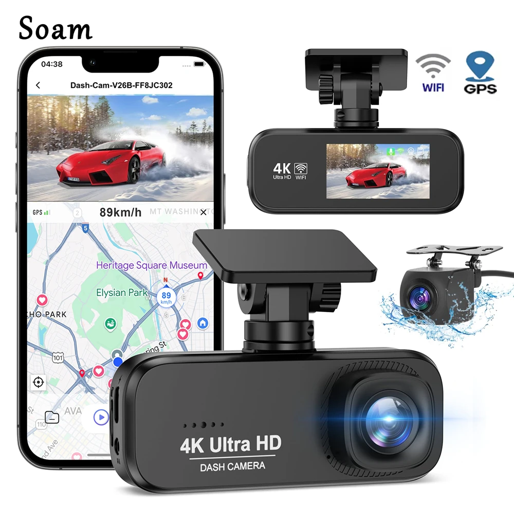 

Soam 4K Видеорегистратор WIFI GPS Мини АВТОМОБИЛЬНЫЙ Видеорегистратор Передняя и задняя Автомобильная камера с двумя объективами и ночным видением 24H Парковочный монитор Черный ящик