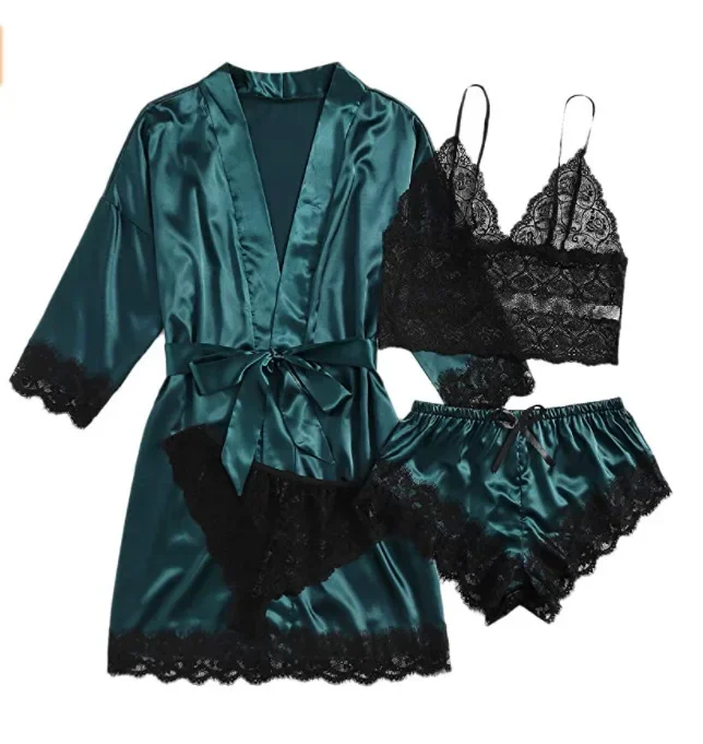 New 4pcs/set Home Clothes Fashion Robe Sleep Women Pajamas Skirt Nightwear Lace Satin with Silk Sleepwear Robe Sexy Pajama Pants