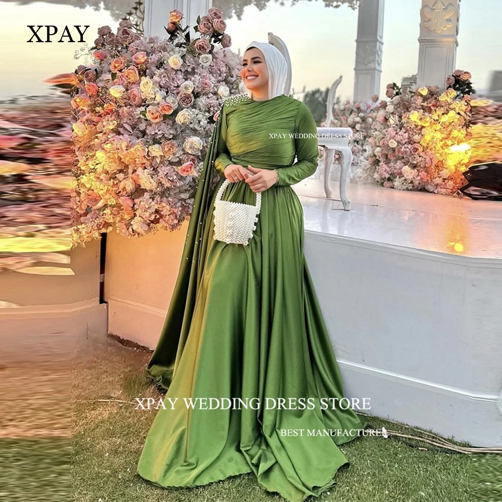 

XPAY Modest Green Muslim Women Evening Dresses Long Sleeves Pearls Pleats O-Neck Formal Dress Special Occasion Gowns 2023