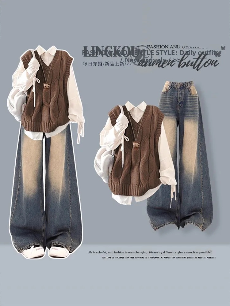

plus Size Autumn Winter Casual Knitted Vest irt High Waist Slimming Jeans Tee Piece Set Women's Retro College Sle Ensemble