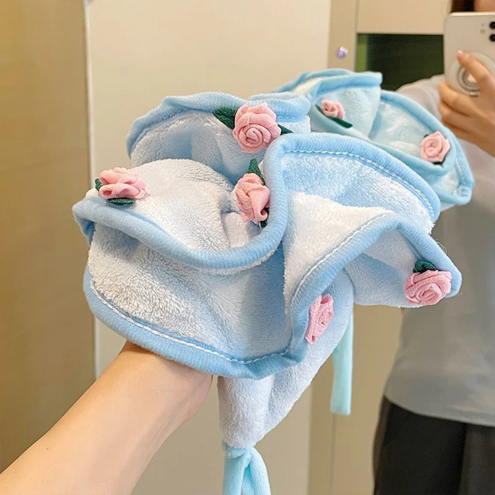 Cute Rose Bouquet Design Absorbent Coral Fleece Hand Towel Household Hanging Towel for Kitchen & Bathroom