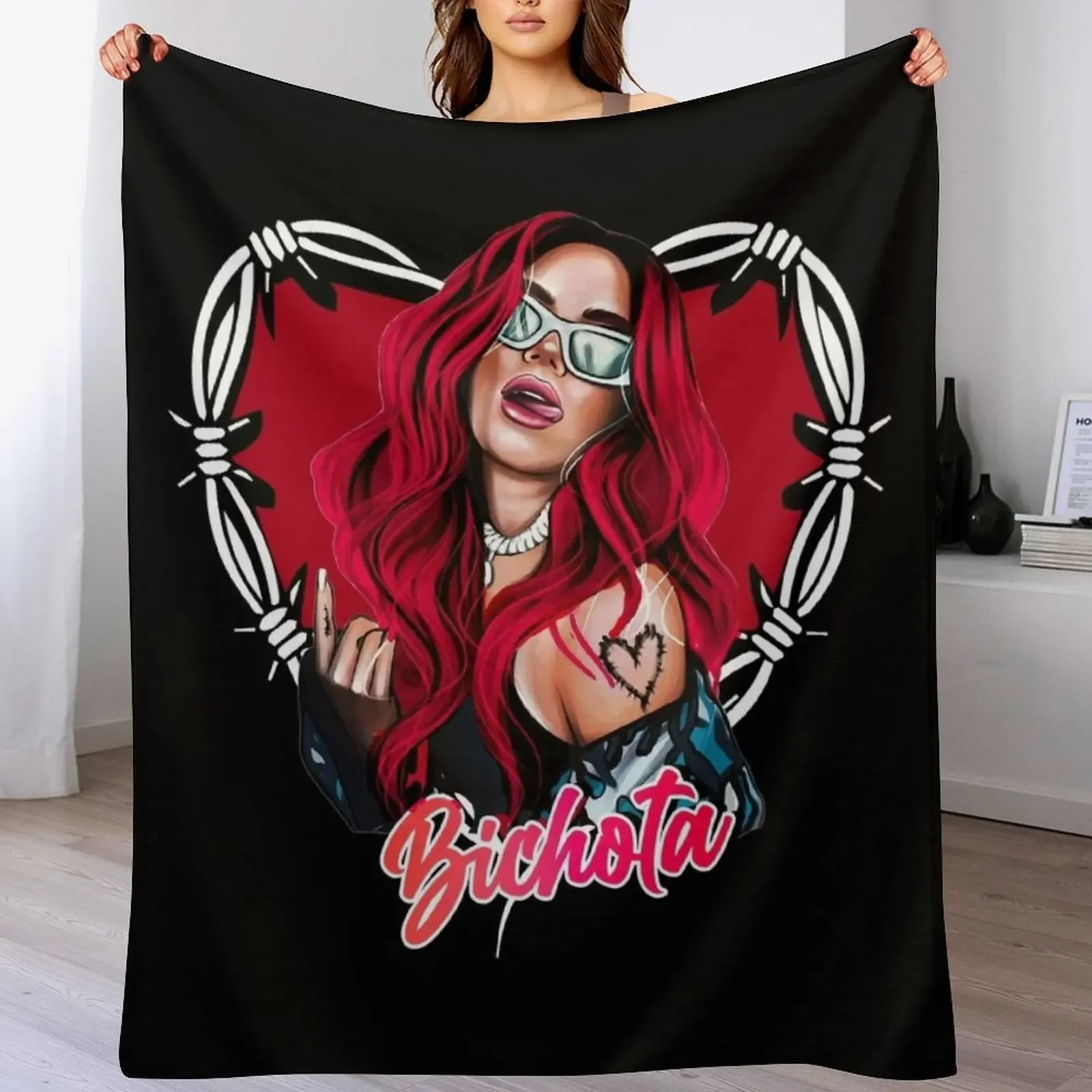 Karol G with red Hair Illustration with Bichota Throw Blanket Decoratives decorative Blankets