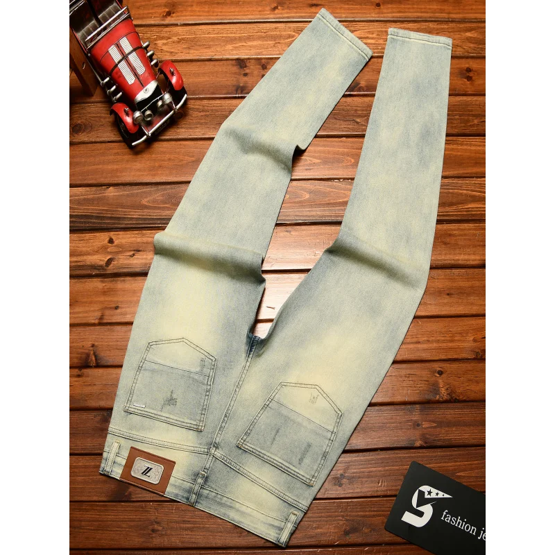 2025 الصيف رقيقة ملابس للرجال العلامة التجارية العصرية التخسيس الساق الصغيرة الجينز الرجال خمر لكمات السراويل