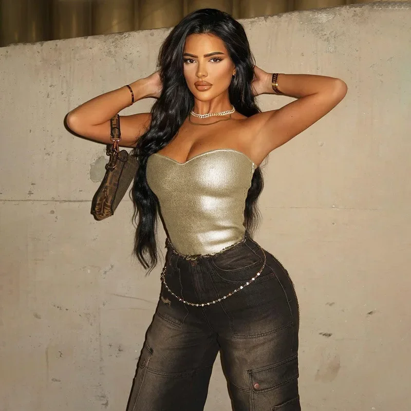 Chamliforve Stylish Silver Knit Top Chest Wrap Tops Ins Sexy Crop Vest Crop Top Women Women Clothes Women Tops Tank Top Women