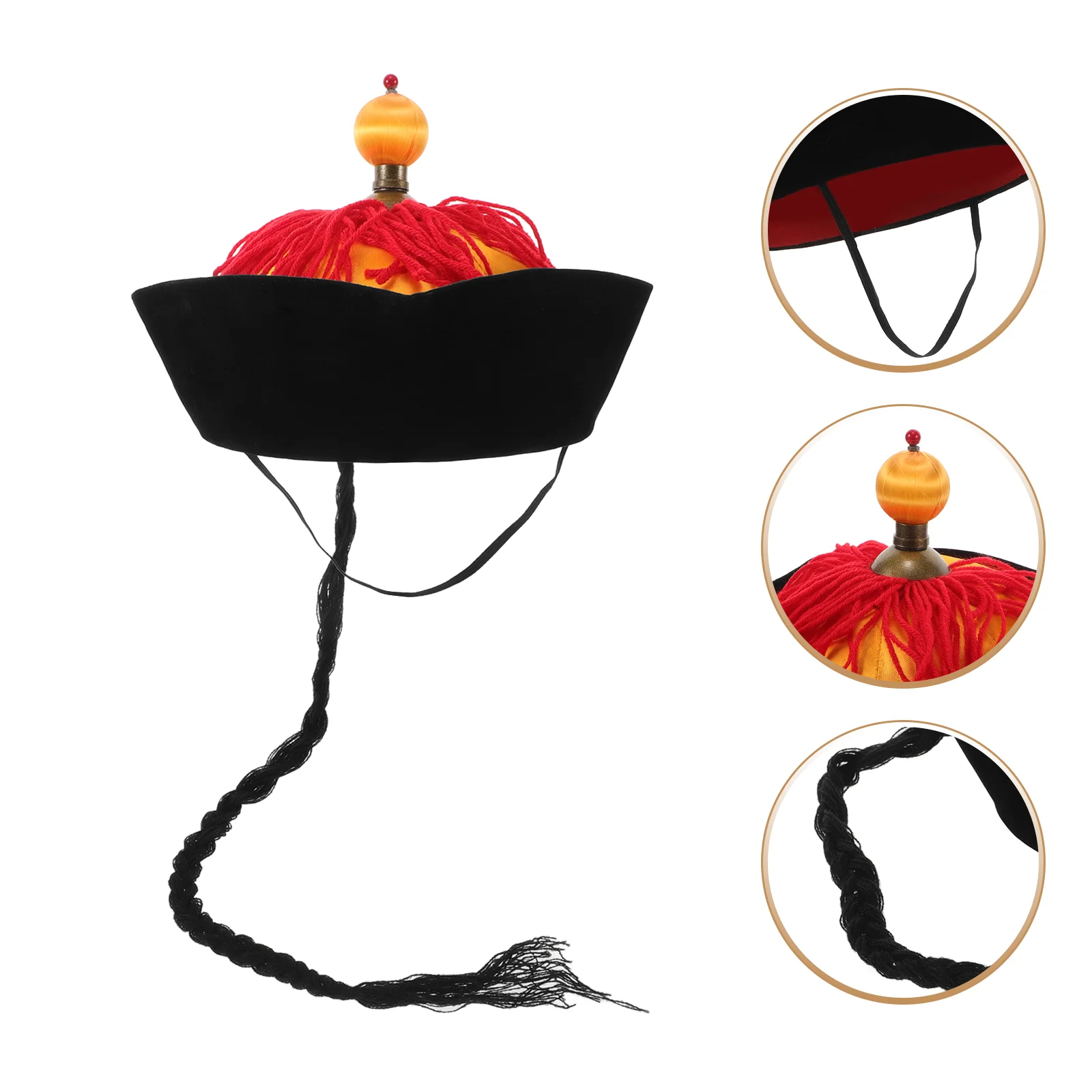 Halloween Hat Hanfu Emperor with Braids Chinese Oriental Party Performance Prop Cosplay Costume Black Traditional Accessories