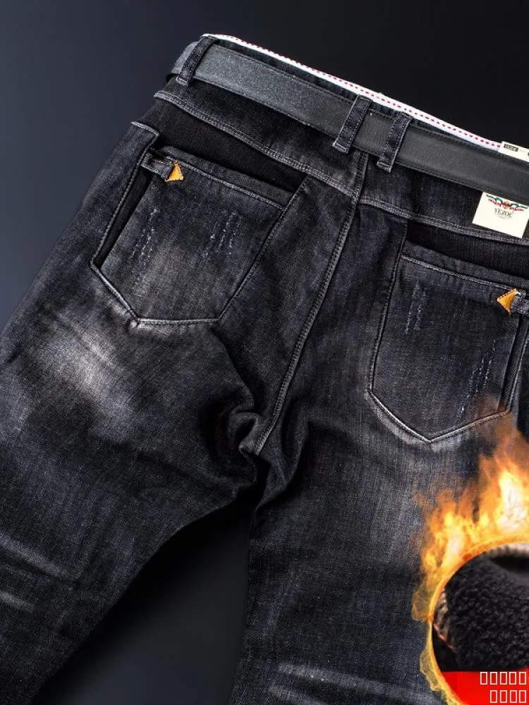 

Мужские джинсы Yezoe прямого кроя, утепленные флисом, зимние, модные, повседневные, из эластичного хлопкового денима, со средней посадкой