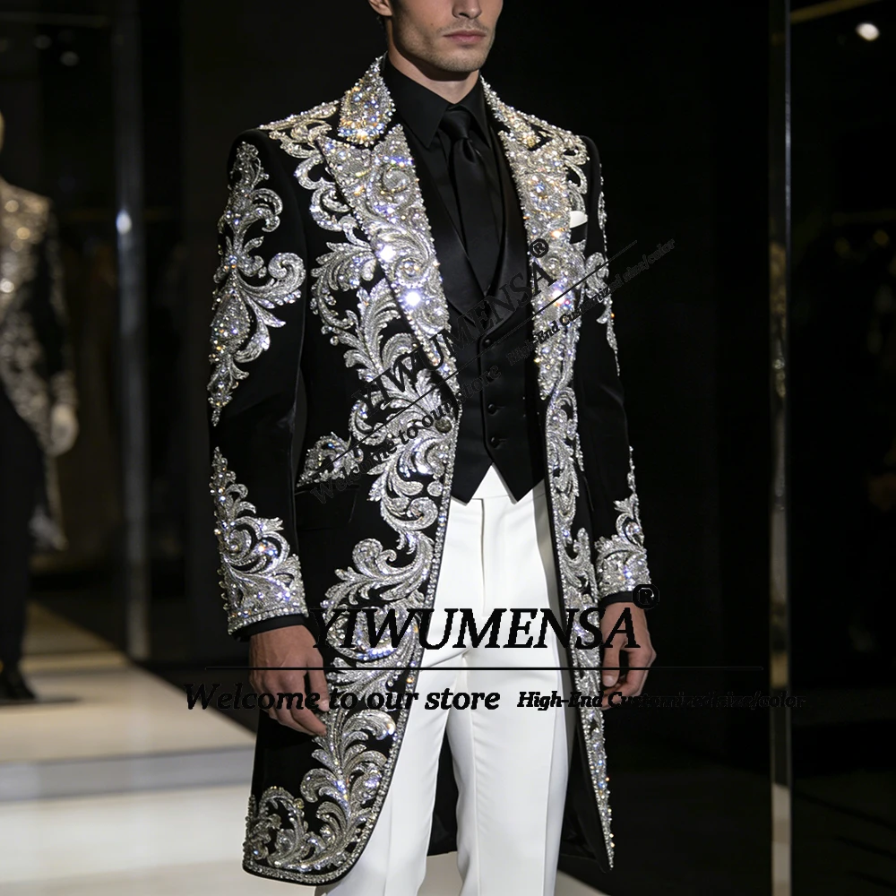 

Classic Beaded Crystals Suits Men For Wedding Single Breasted Prom Blazer Long Customized Banquet Evening Party Groom Tuxedos