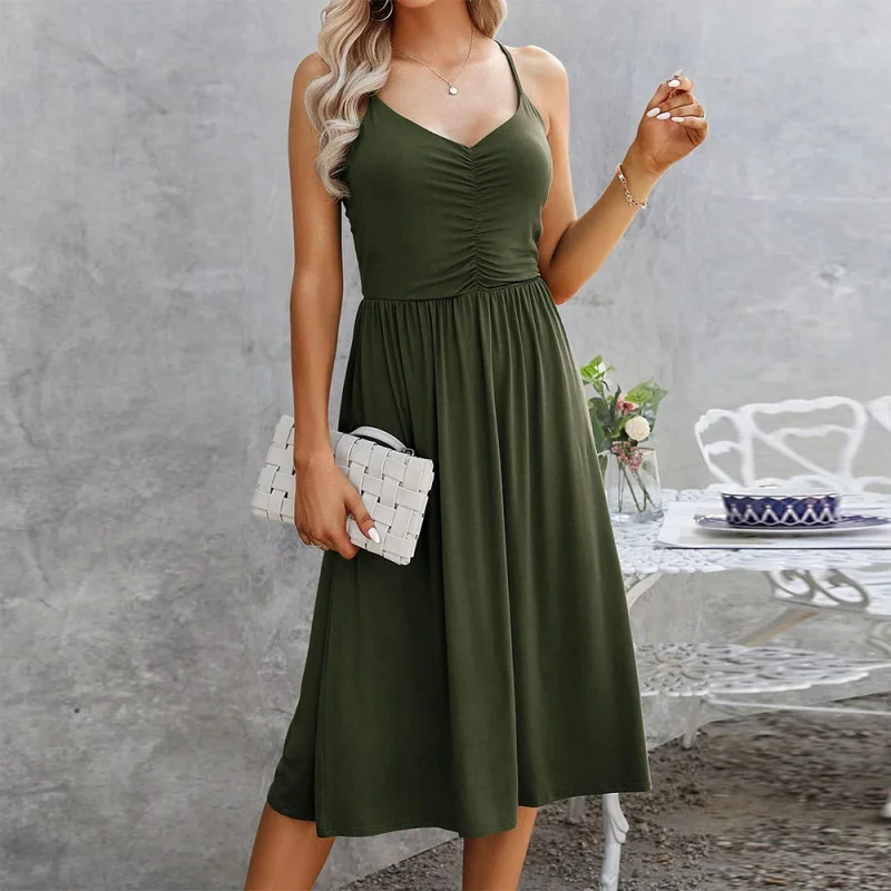 

YQ1-Summer Women's Fashion Early Spring Fresh Solid Color Strap Flared Elegant Versatile Dress