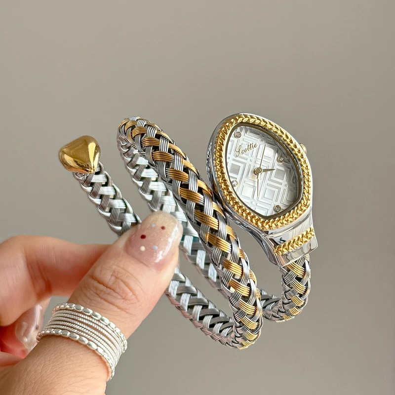 Snake Head Embellished Women's Watch with Hollow-Out Woven Steel Bracelet & Sparkling Crystal Accents