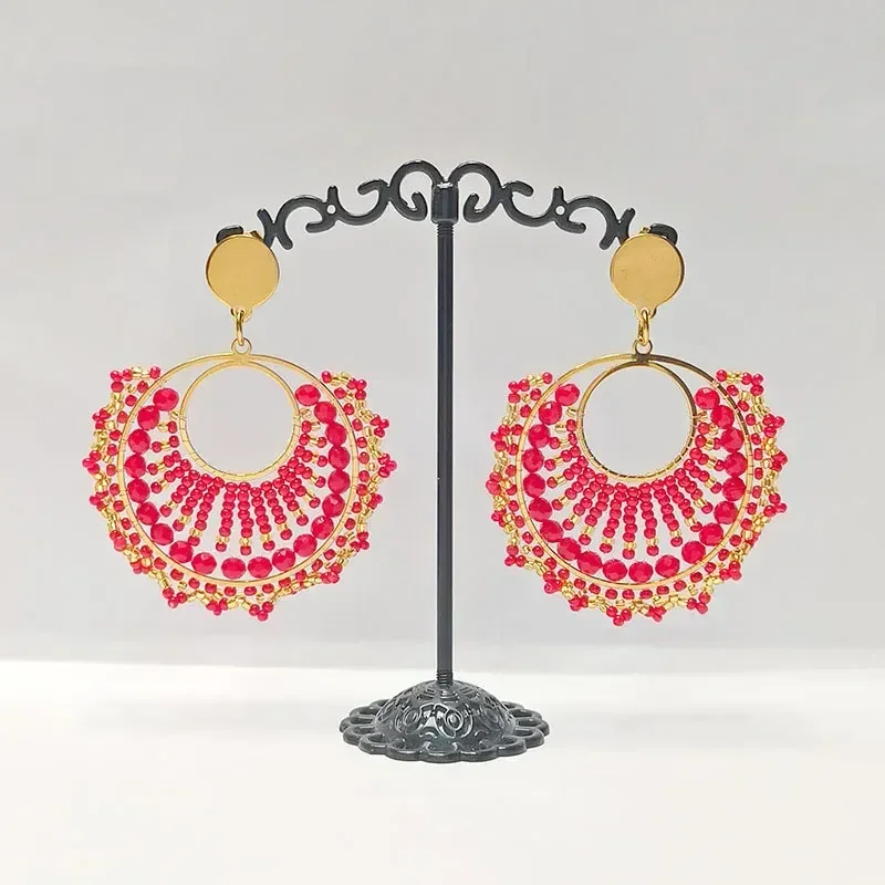 ZGMXR Double-Deck Bohemia Fashion Earrings Red Circle Crystal Hollow out Knitted Simple Female Beaded Jewelry
