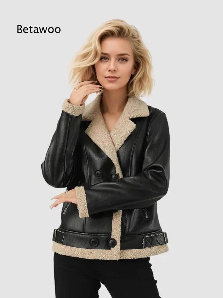 Double Breasted Faux Leather Biker Outer Jacket For Women Faux Shearling Lining Lapel Collar Warm For Cold Season Street Wear