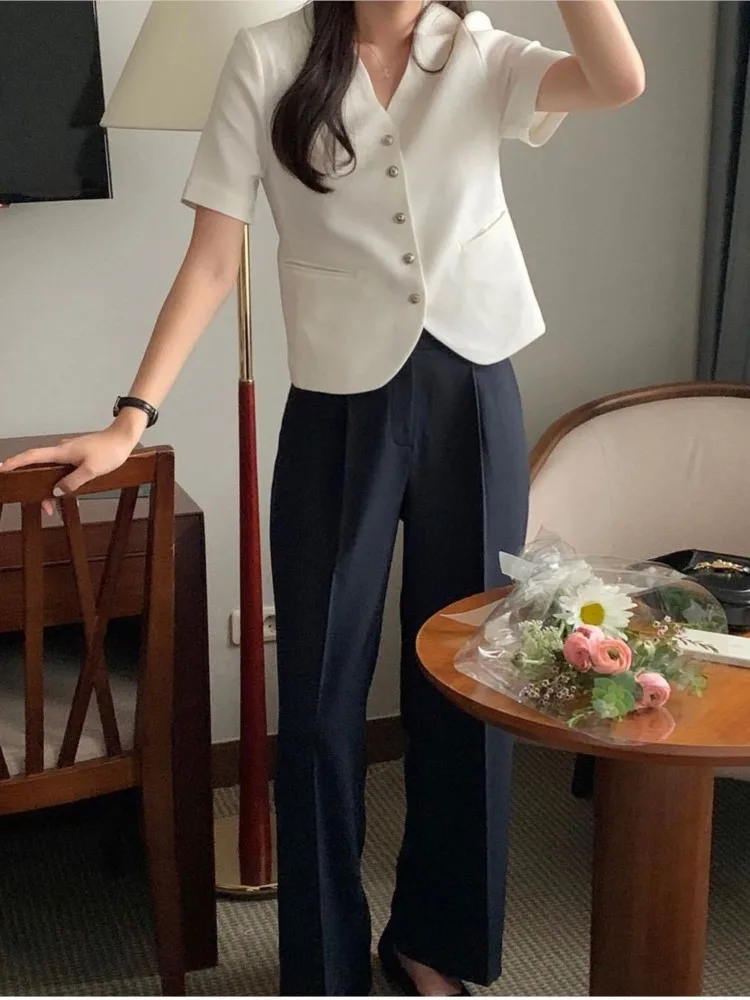 Summer Short Sleeve Blazer Suit Coats Women V-Neck Fashion Elegant Ladies Cropped Blazer Suits Korean Style Loose Woman Tops