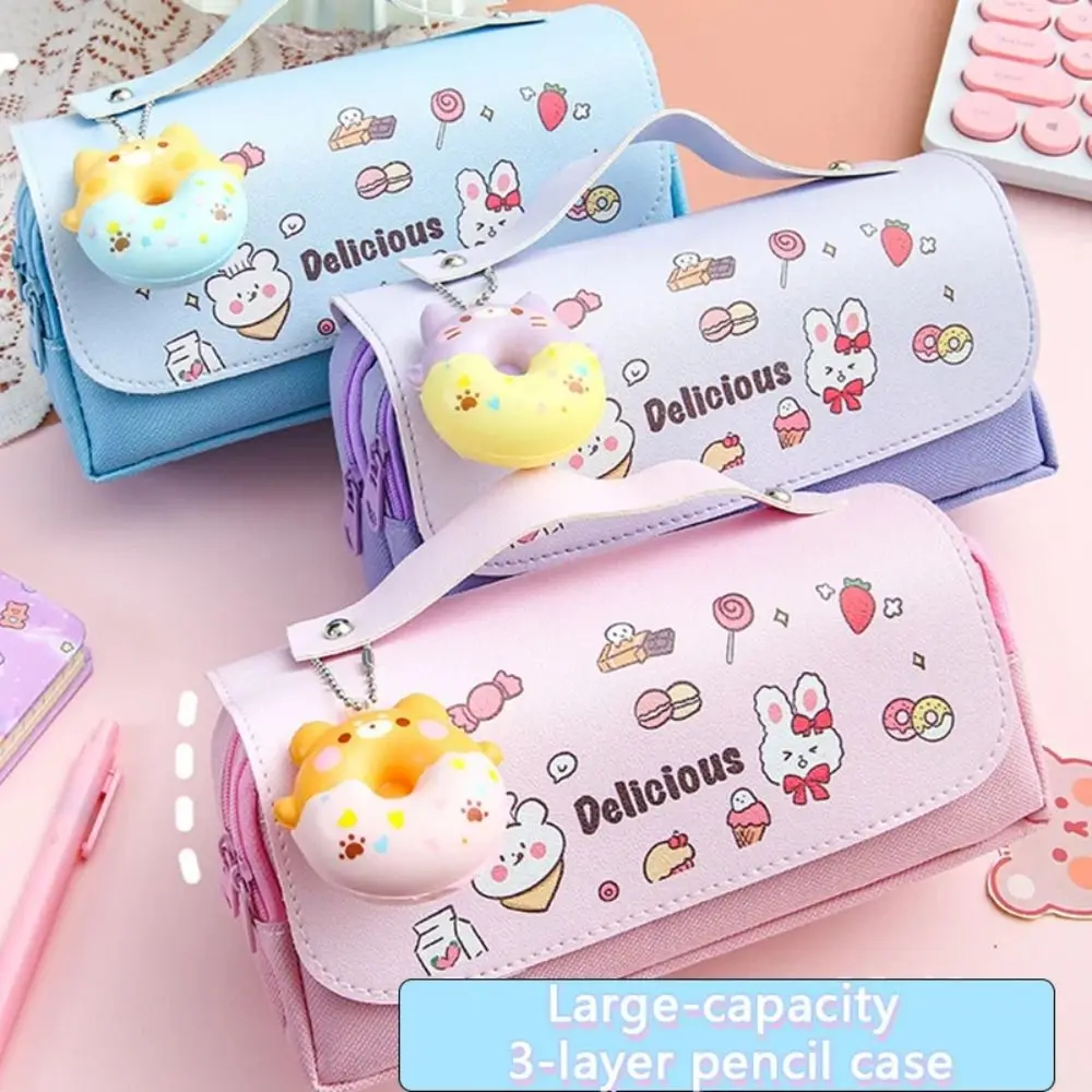 Astuccio per matite con stampa simpatico cartone animato Astuccio per penne in pelle a doppio strato Borsa per cancelleria portatile impermeabile Regalo per studenti