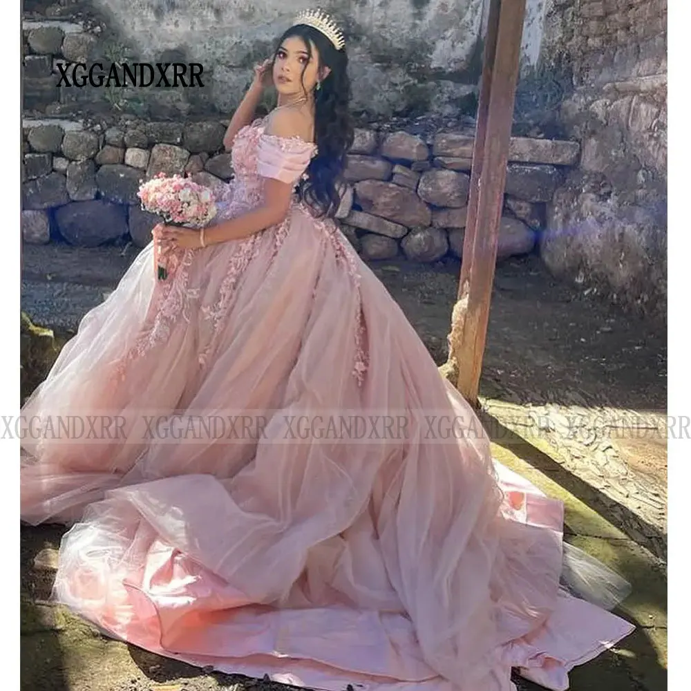 Korset bahu terbuka merah muda romantis gaun Quinceanera Meksiko gaun pesta 2024 gaun pesta Prom applique renda Vestido De XV Anos