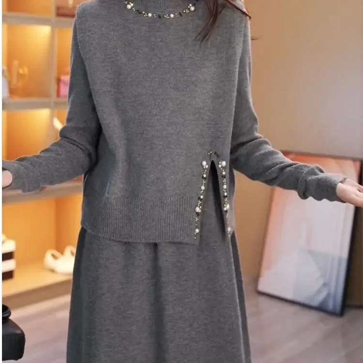 

2025 Autumn Winter New Knitted Sweater Set Dress with Pearl Thickened Vest Two-Piece V Neck A Line Women's Dress