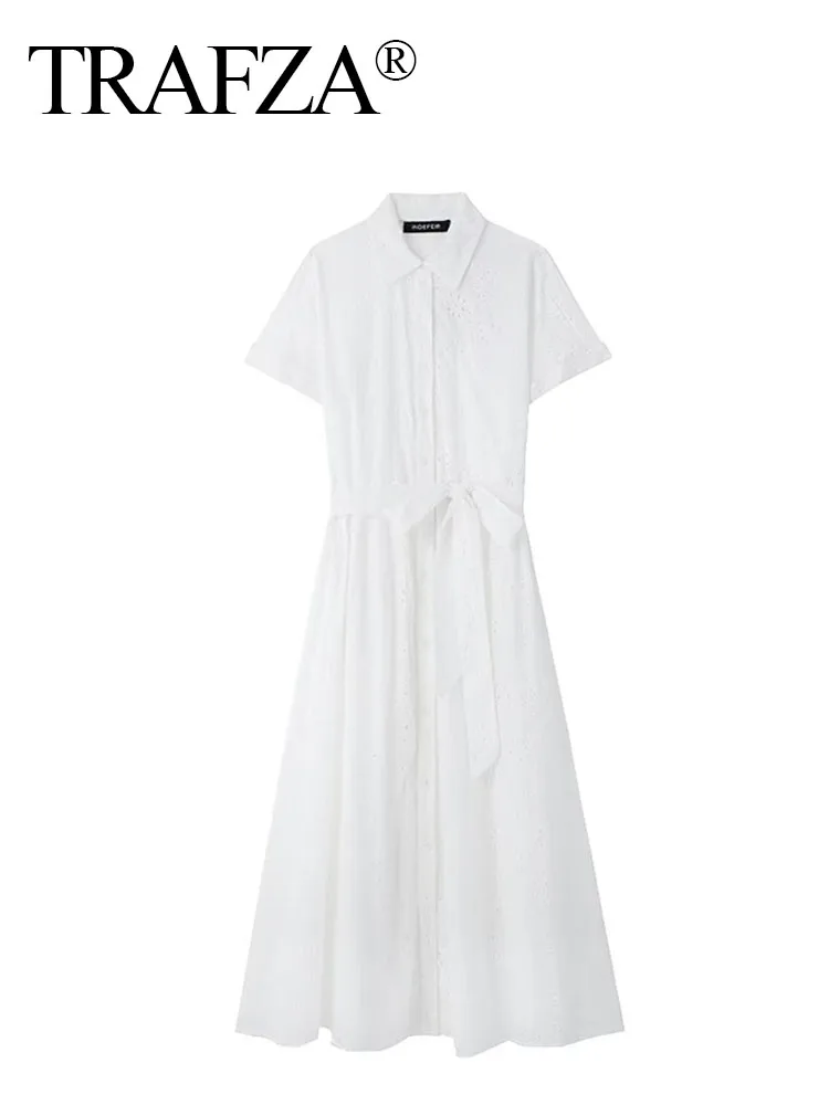 

TRAFZA Female Elegant Long Dress Turn-Down Collar Short Sleeve Pocket Belt Single Breasted Summer Dresses Woman 2024 Trendy TRAF