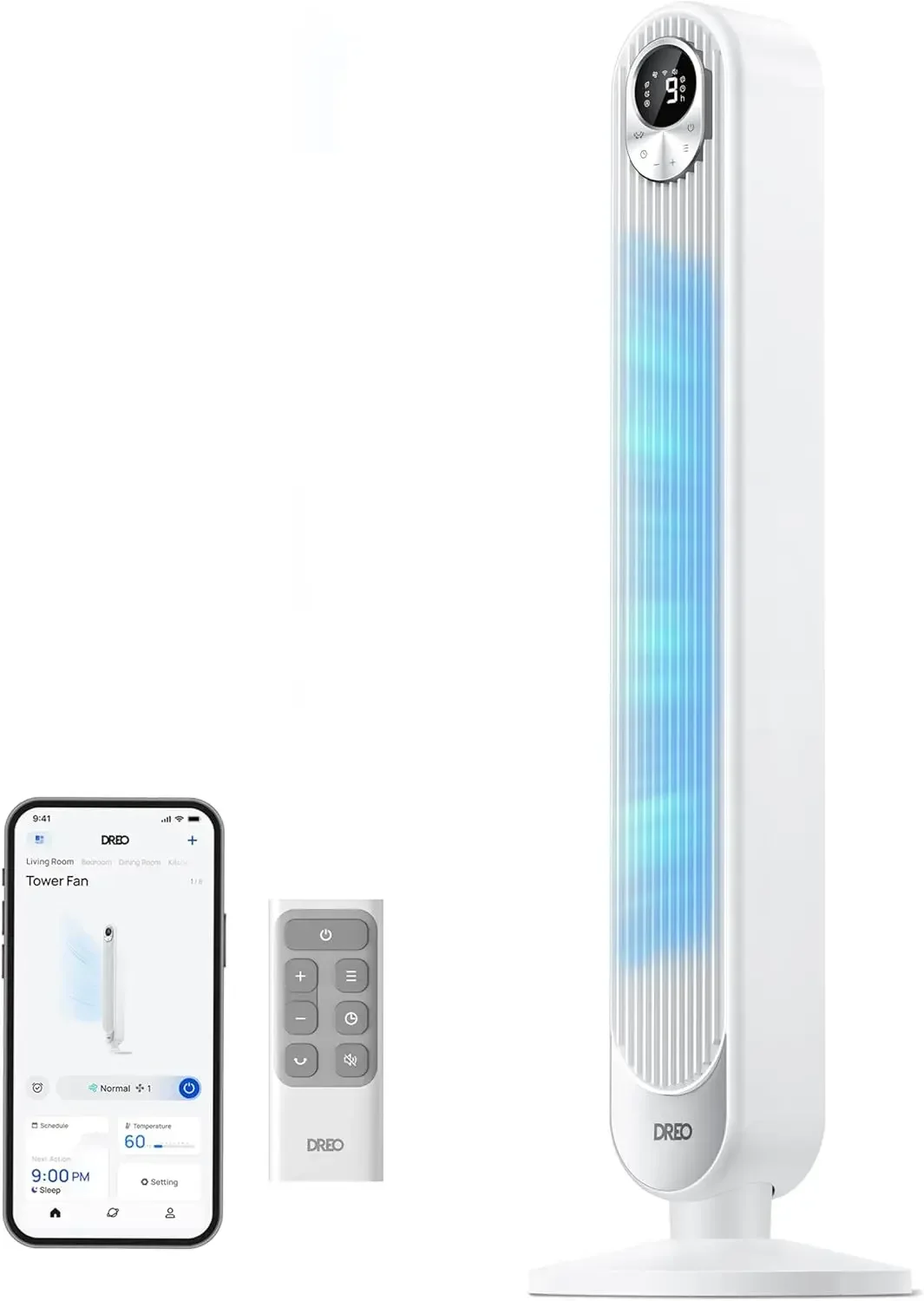 

WiFi Voice Controlled Bladeless Oscillating Floor Tower Fan With Remote 9 Speeds 4 Modes 12H Timer For Bedroom Home Office